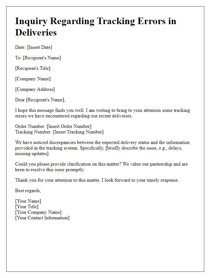 Letter template of inquiry related to tracking errors in deliveries.