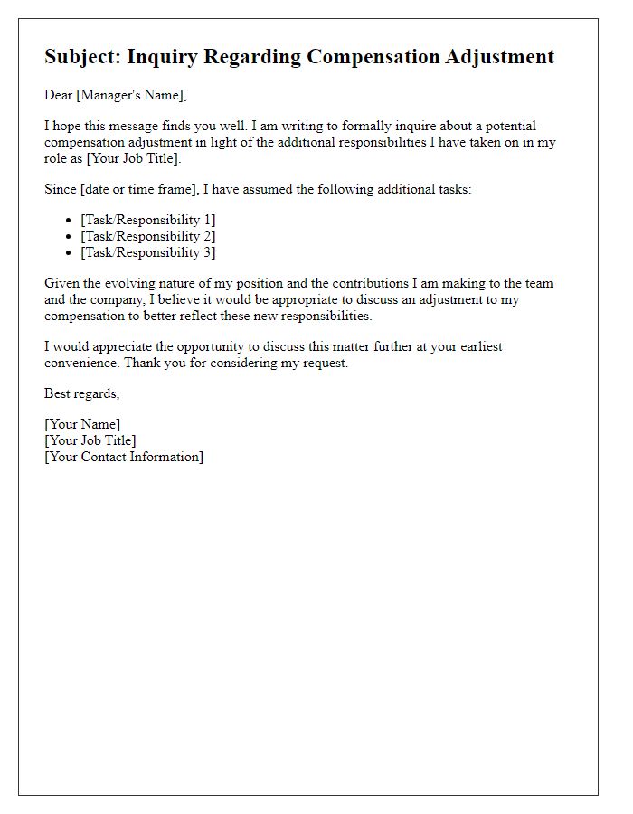 Letter template of compensation adjustment inquiry for additional responsibilities