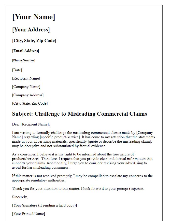 Letter template of challenge to misleading commercial claims