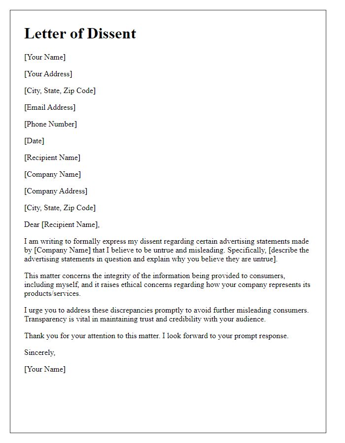 Letter template of dissent regarding untrue advertising statements