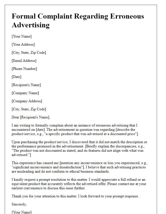 Letter template of formal complaint for erroneous advertising