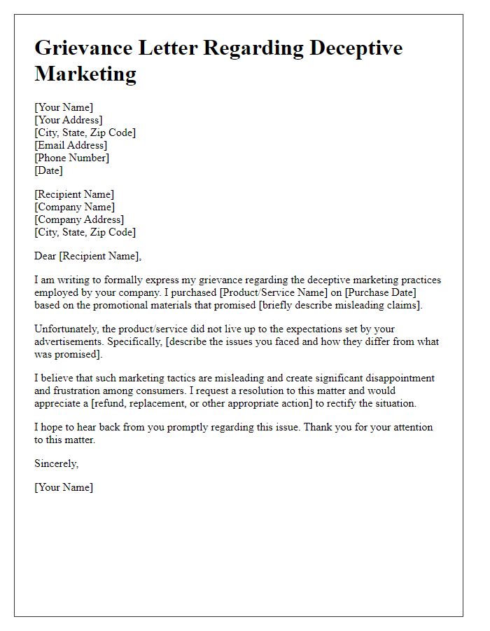 Letter template of grievance regarding deceptive marketing