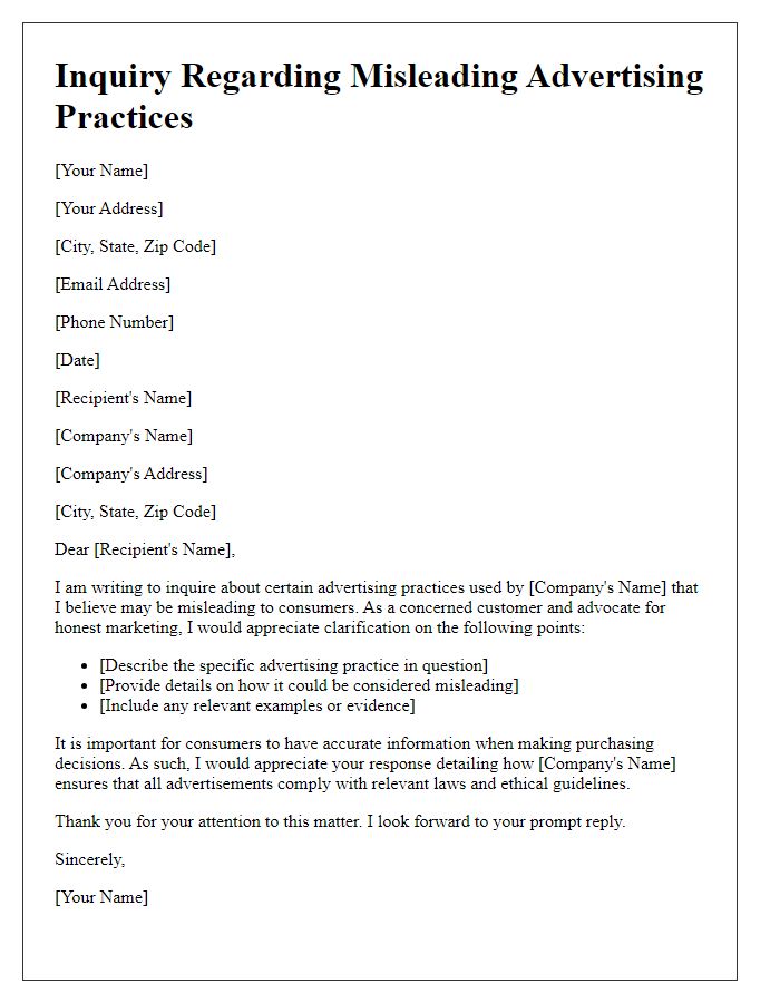 Letter template of inquiry about misleading advertising practices