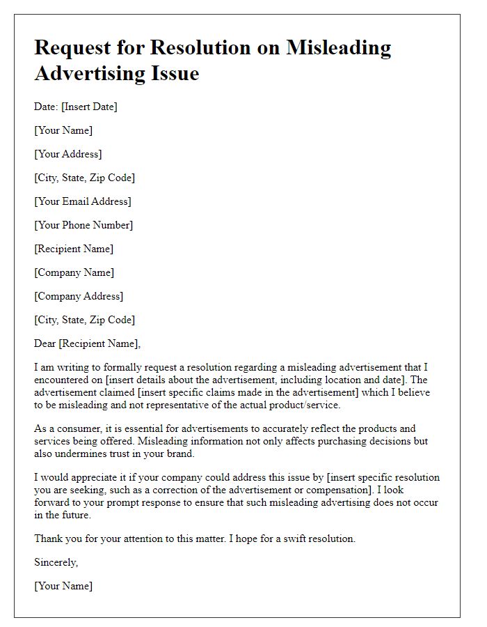 Letter template of request for resolution on misleading advertising issue