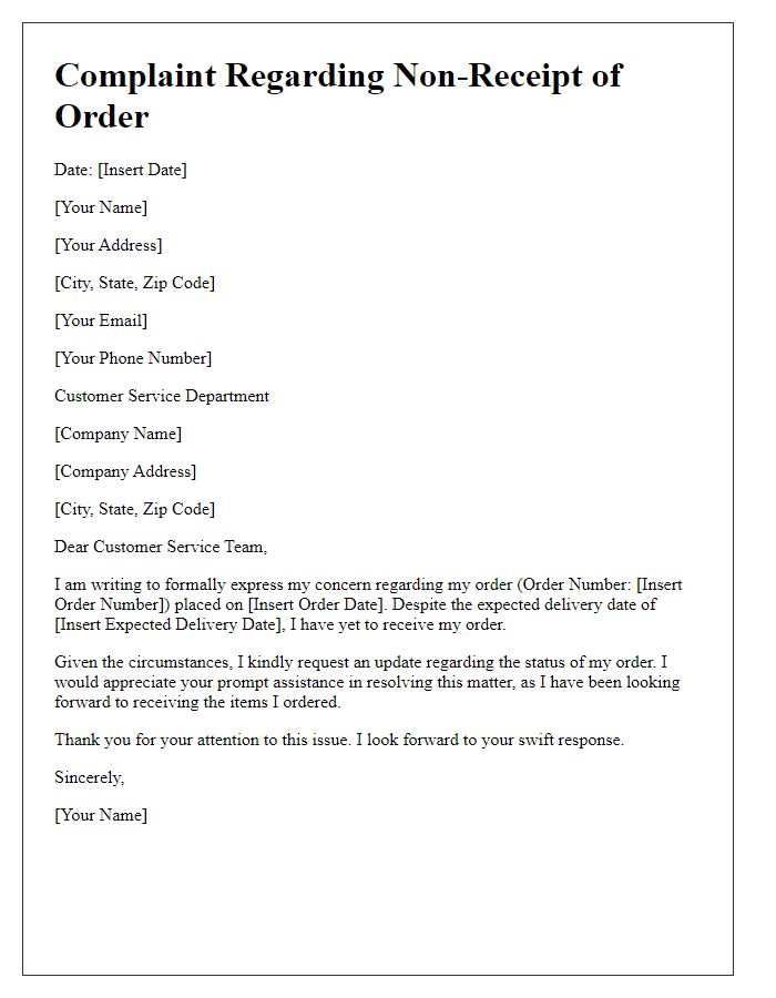 Letter template of non-receipt of consumer order complaint