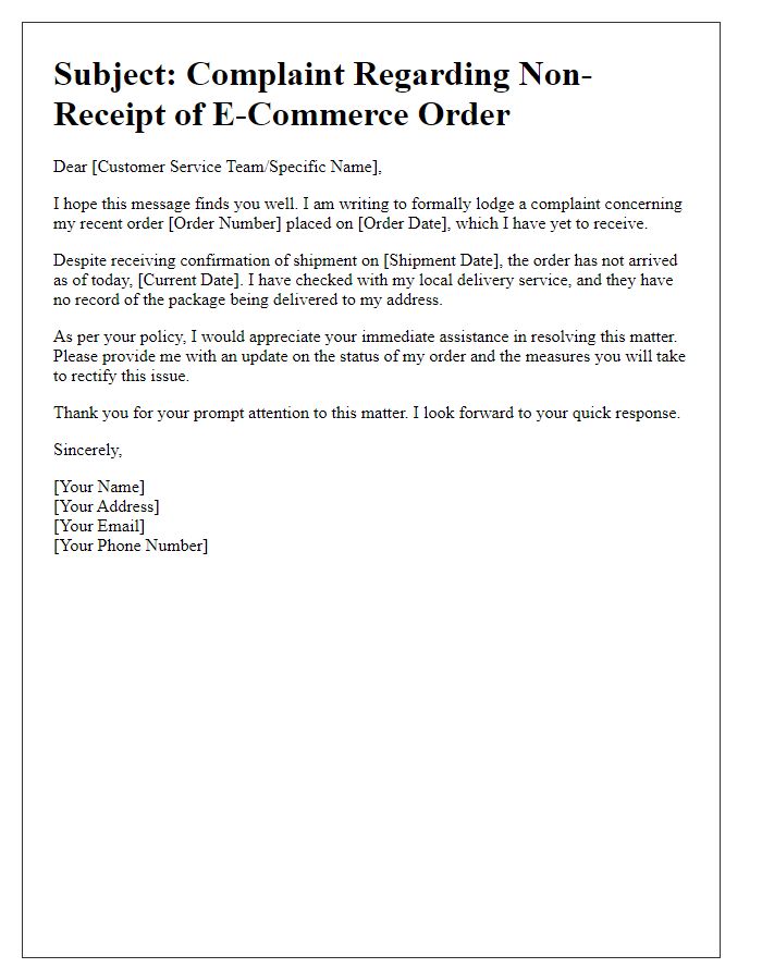 Letter template of non-receipt of e-commerce order complaint