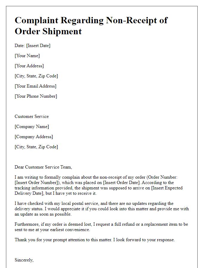 Letter template of non-receipt of order shipment complaint