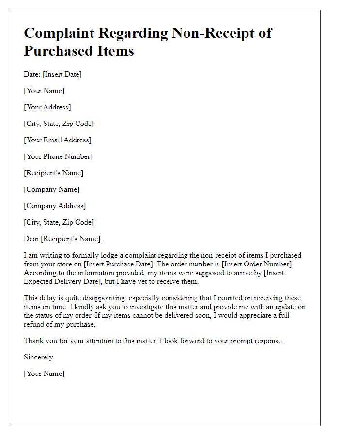 Letter template of non-receipt of purchased items complaint