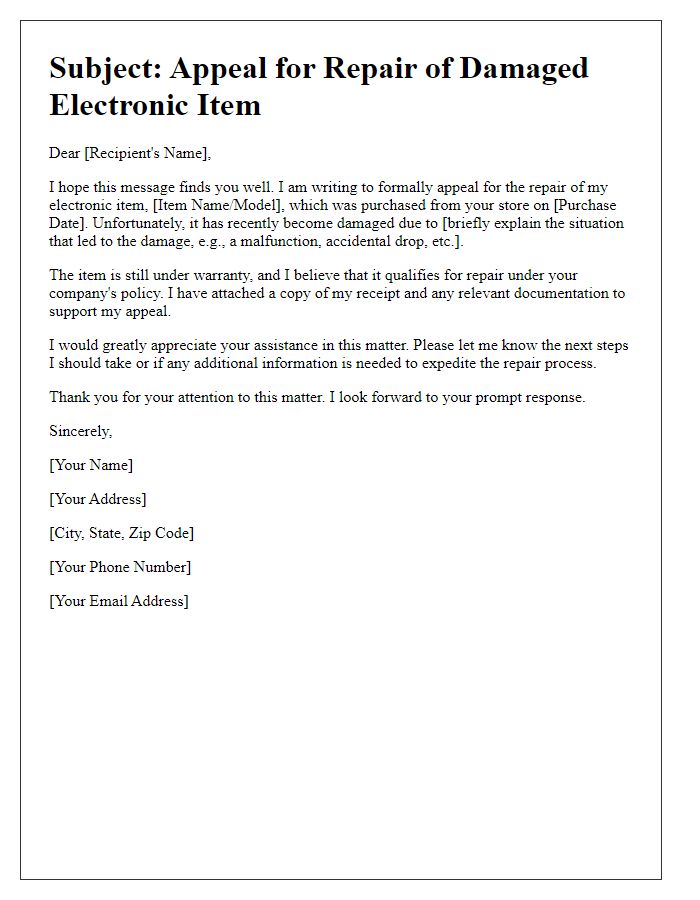 Letter template of appeal for repair of damaged electronic item.