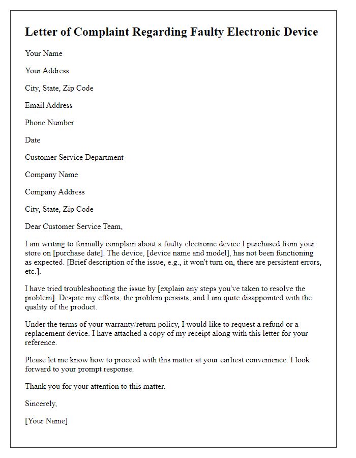 Letter template of complaint regarding faulty electronic device.