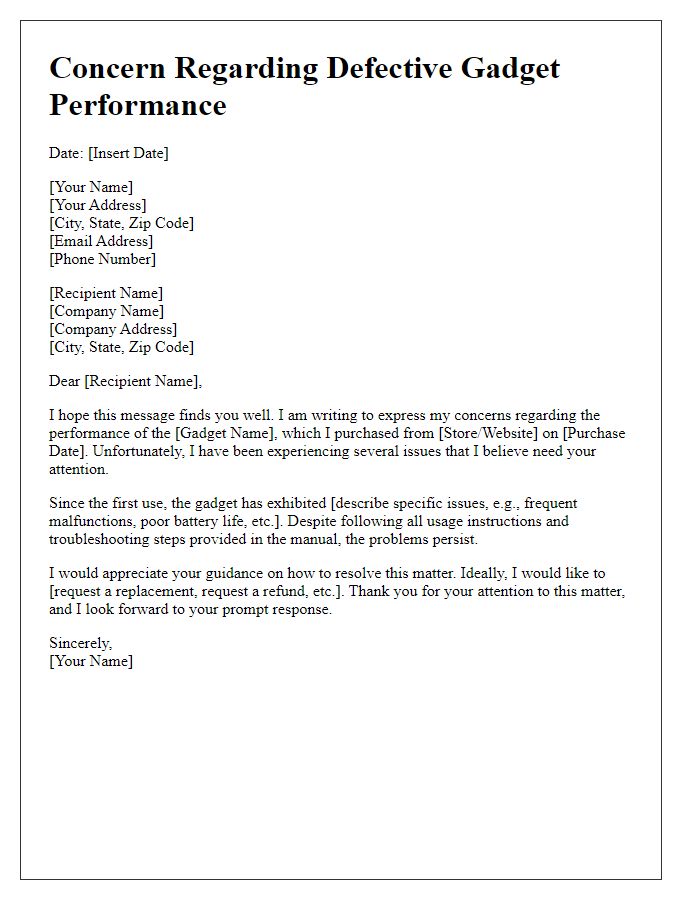 Letter template of concerns about defective gadget performance.