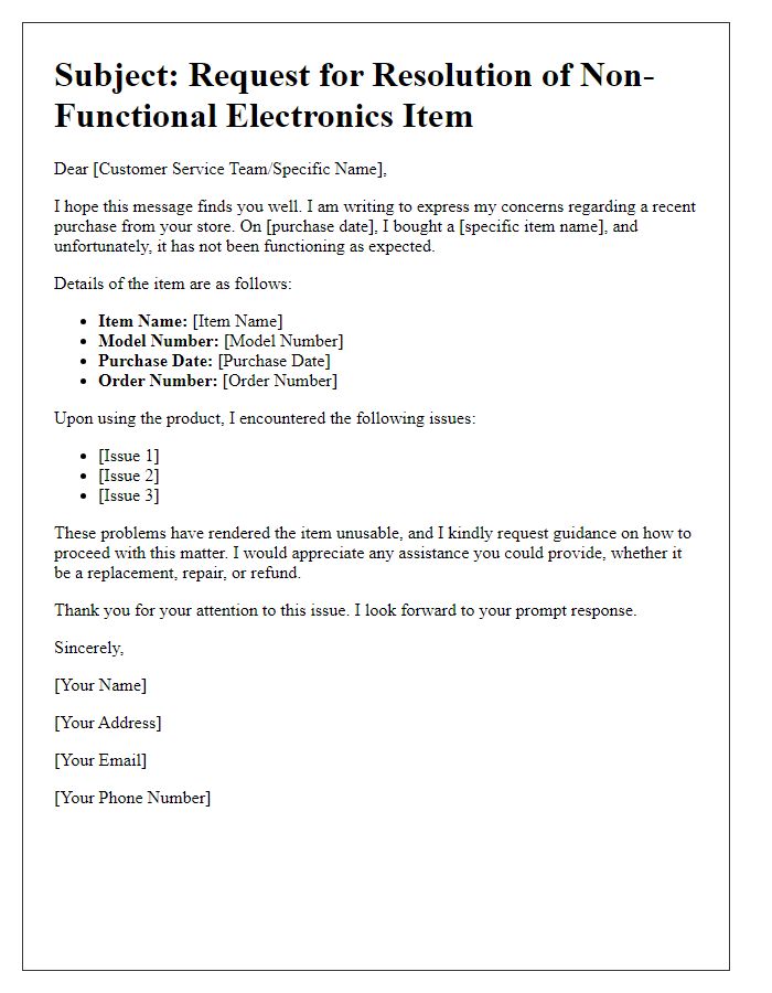 Letter template of issues with non-functional electronics item.