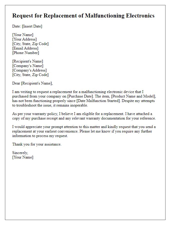 Letter template of request for replacement of malfunctioning electronics.