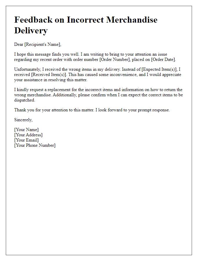 Letter template of feedback on incorrect merchandise delivery.