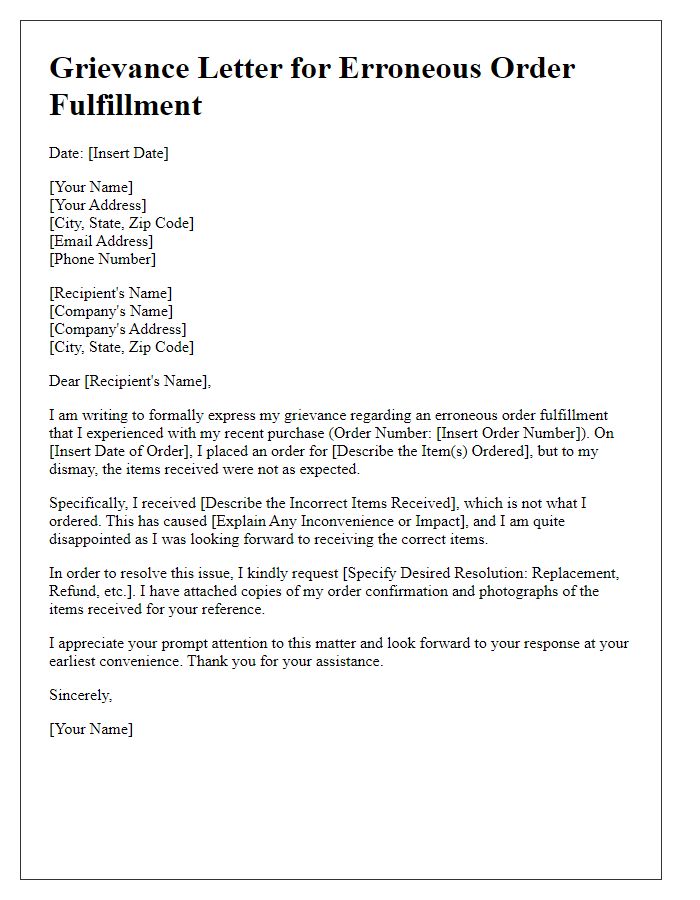 Letter template of grievance for erroneous order fulfillment.