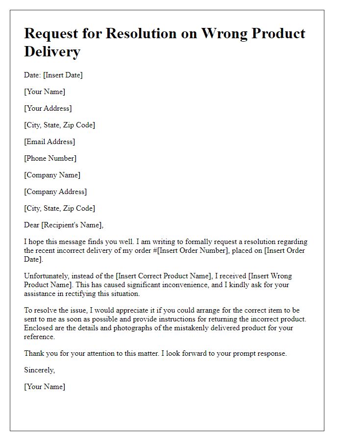 Letter template of request for resolution on wrong product delivery.