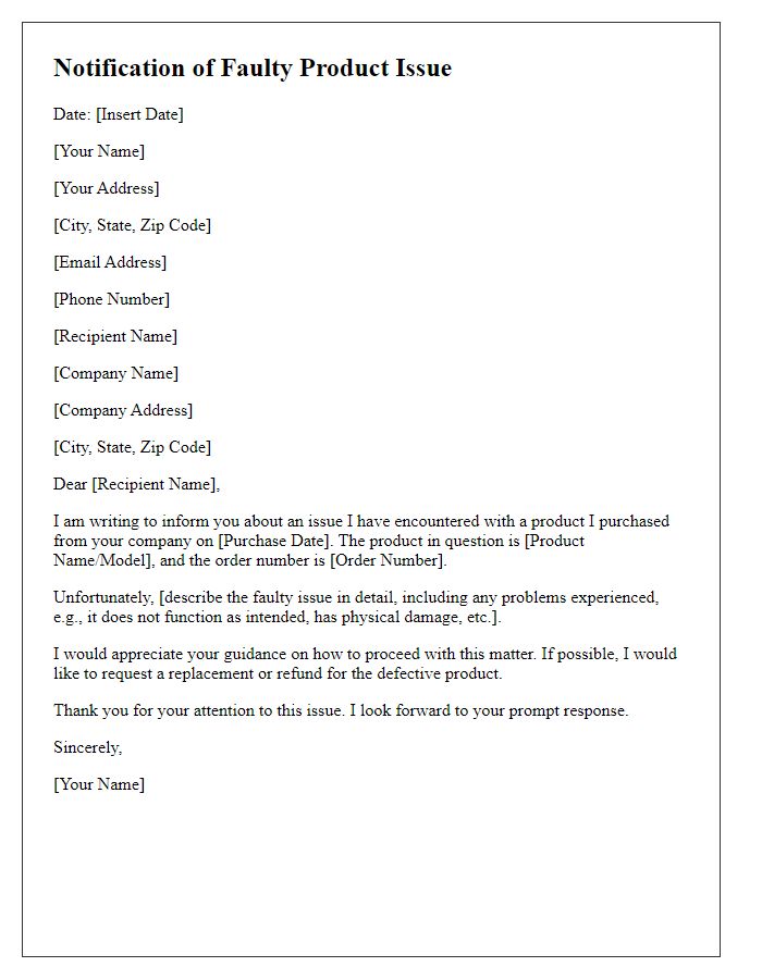 Letter template of notification for faulty product issues.