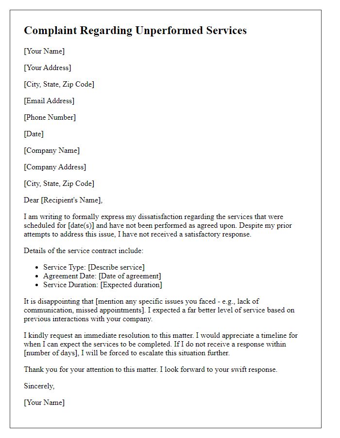 Letter template of complaint regarding unperformed services