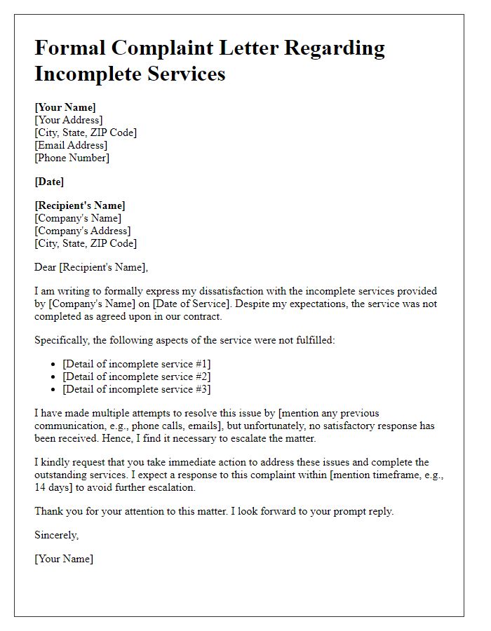 Letter template of formal complaint about incomplete services