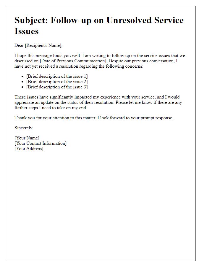 Letter template of unresolved service issues communication