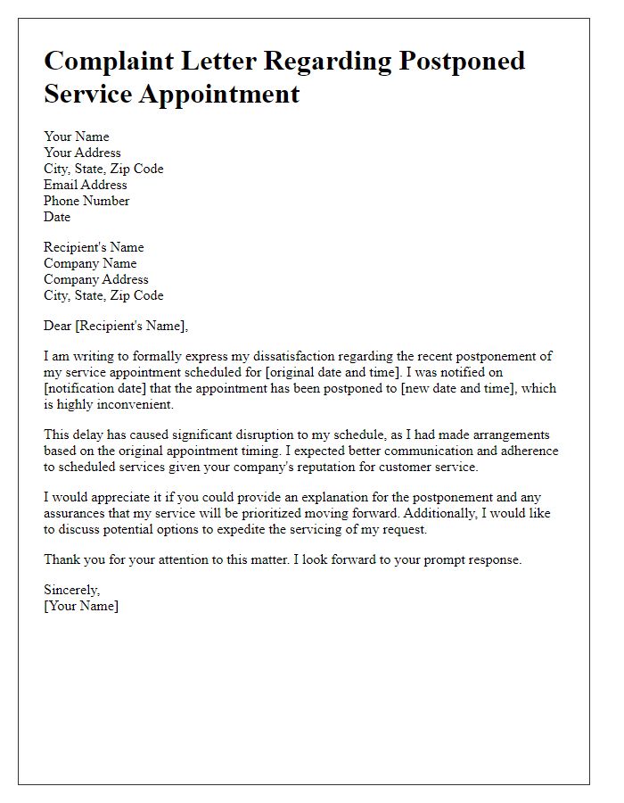 Letter template of complaint for postponed service appointment