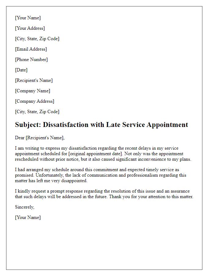 Letter template of dissatisfaction regarding late service appointment