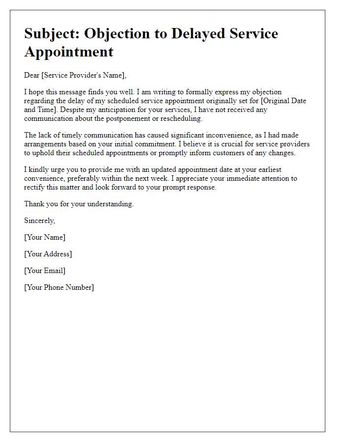 Letter template of objection to delayed service appointment