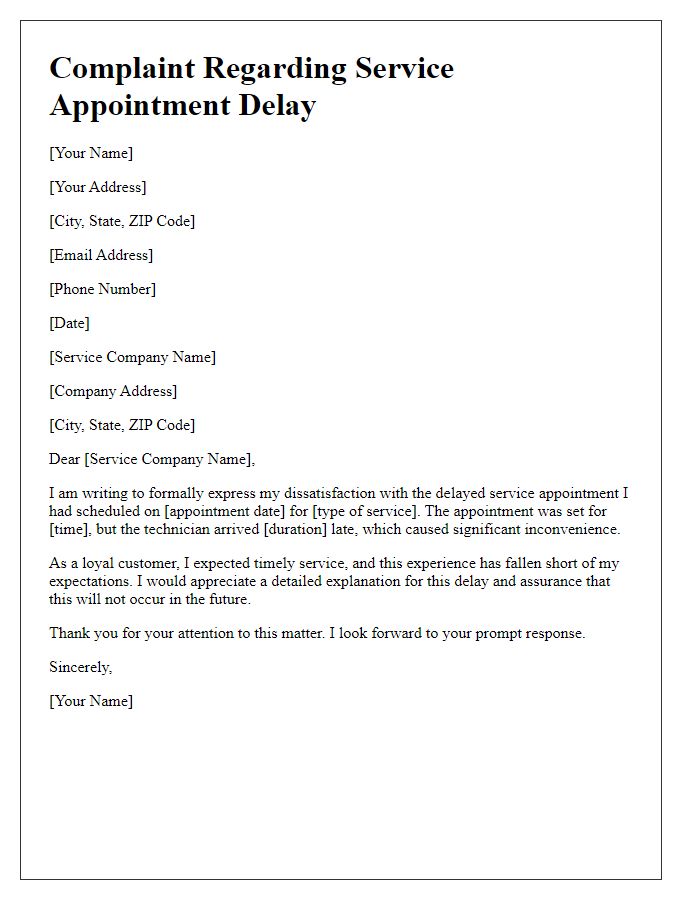 Letter template of service appointment delay complaint