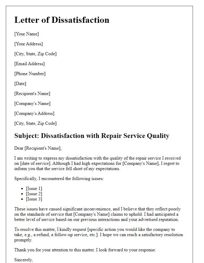 Letter template of dissatisfaction with repair service quality.