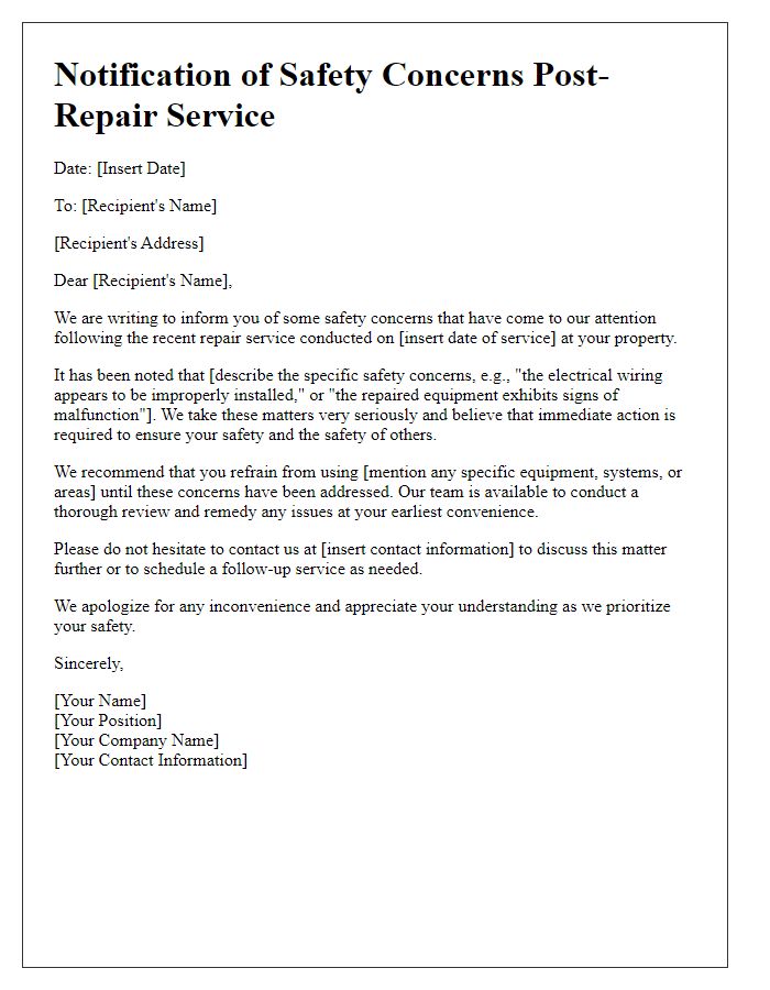 Letter template of notification about safety concerns post-repair service.