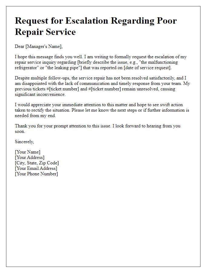 Letter template of request for escalation regarding poor repair service.