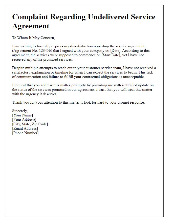 Letter template of complaint regarding undelivered service agreement.