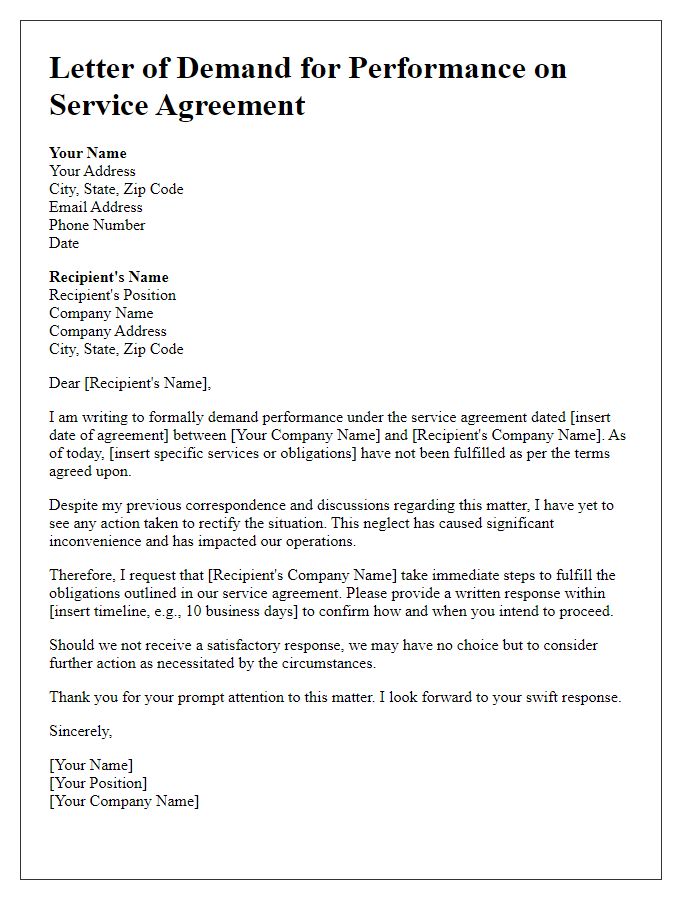 Letter template of demand for performance on neglected service agreement.