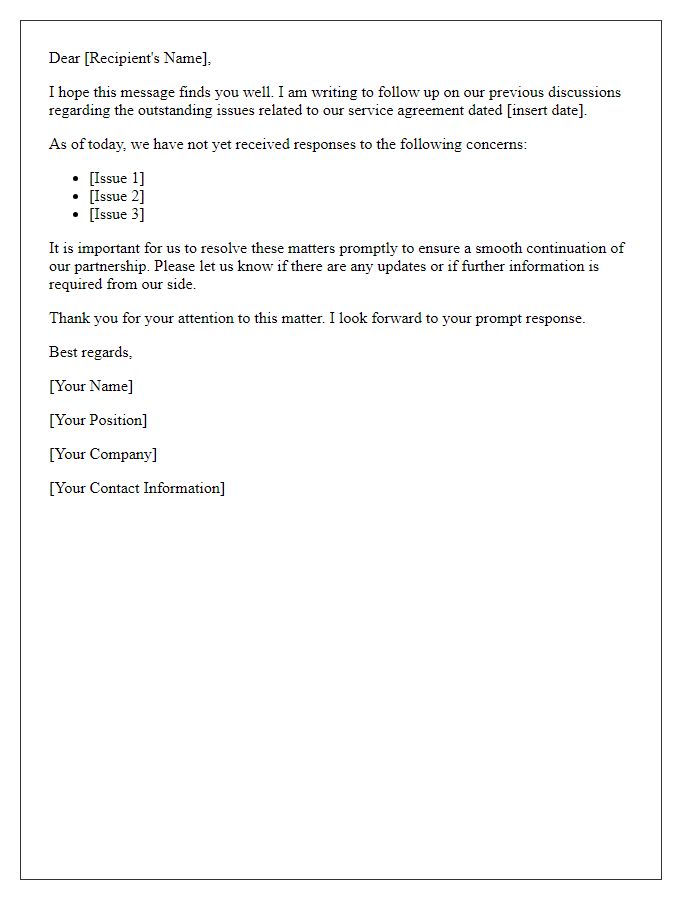 Letter template of follow-up on outstanding service agreement issues.