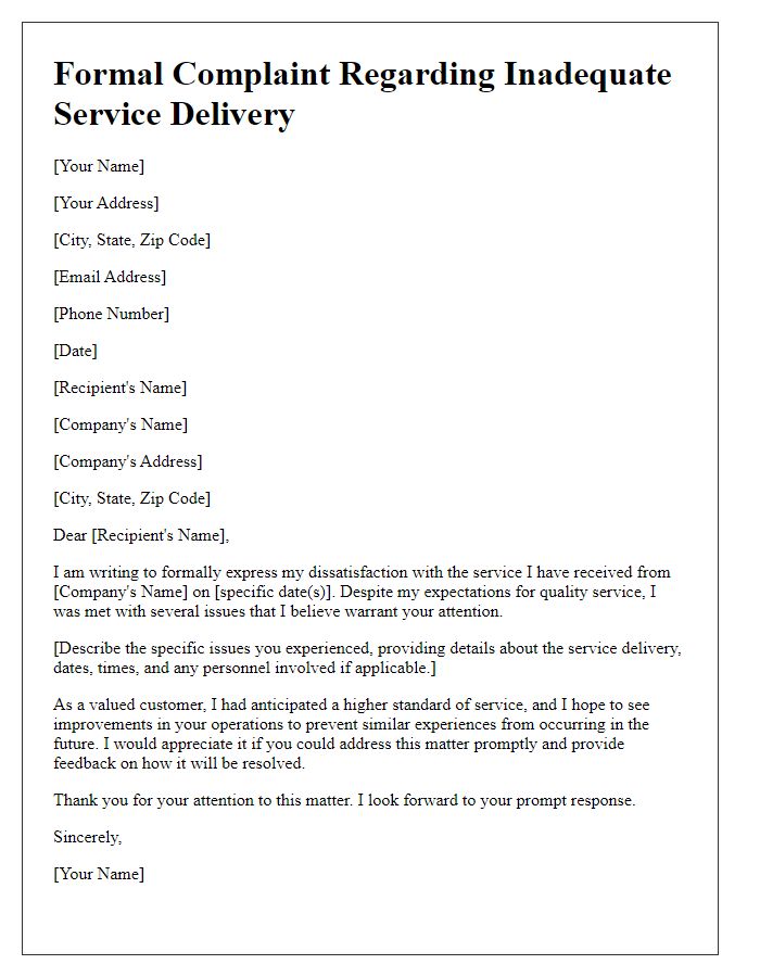 Letter template of formal complaint on inadequate service delivery.