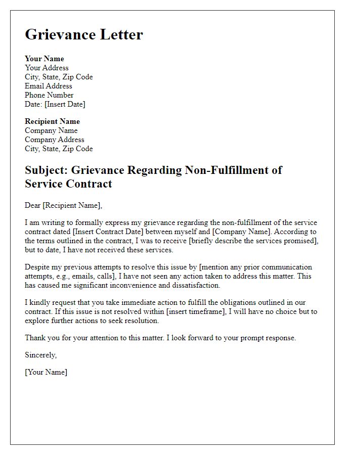 Letter template of grievance for non-fulfillment of service contract.