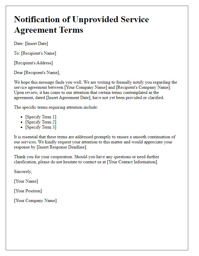 Letter template of notification for unprovided service agreement terms.