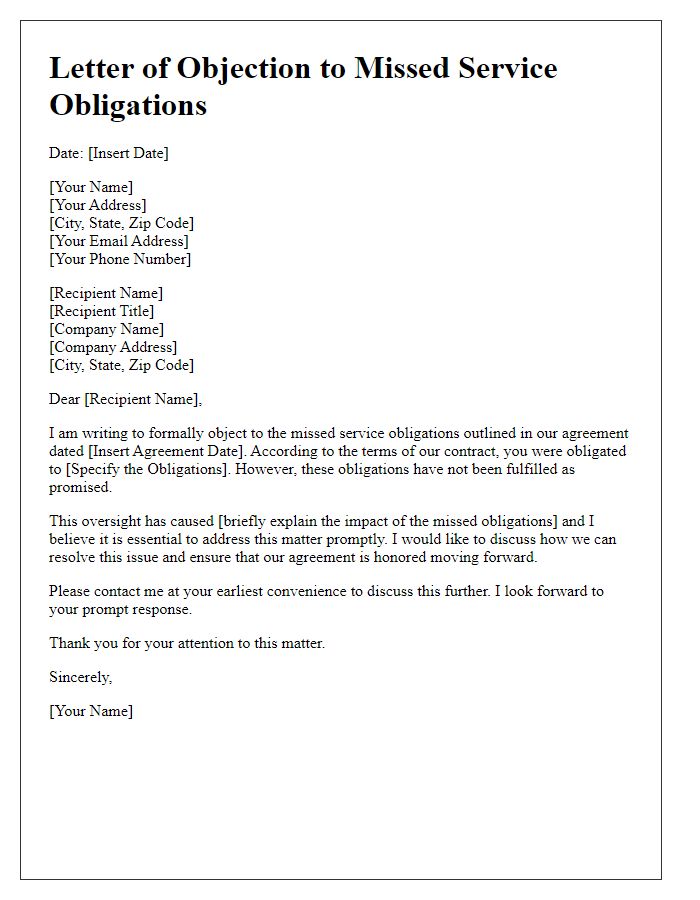 Letter template of objection to missed service obligations.