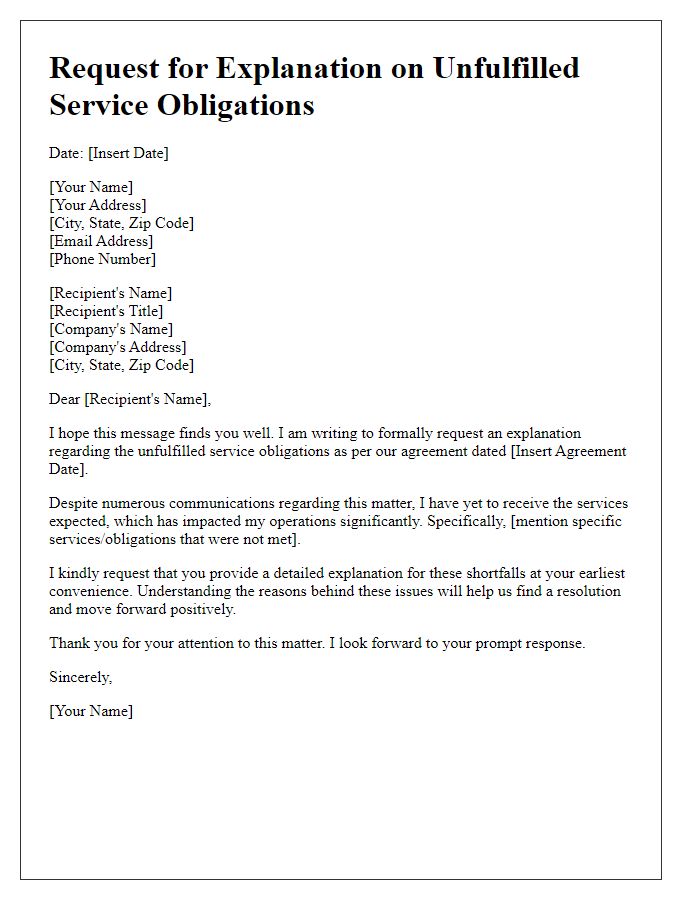 Letter template of request for explanation on unfulfilled service obligations.