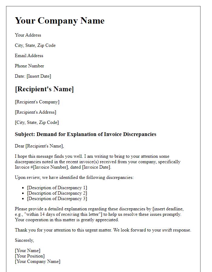 Letter template of demand for explanation of invoice discrepancies