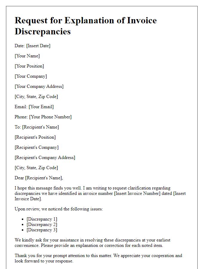 Letter template of explanation request for invoice discrepancies