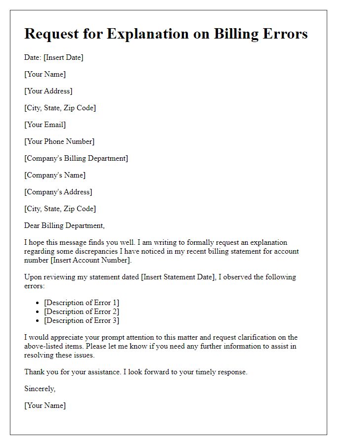 Letter template of request for explanation on billing errors