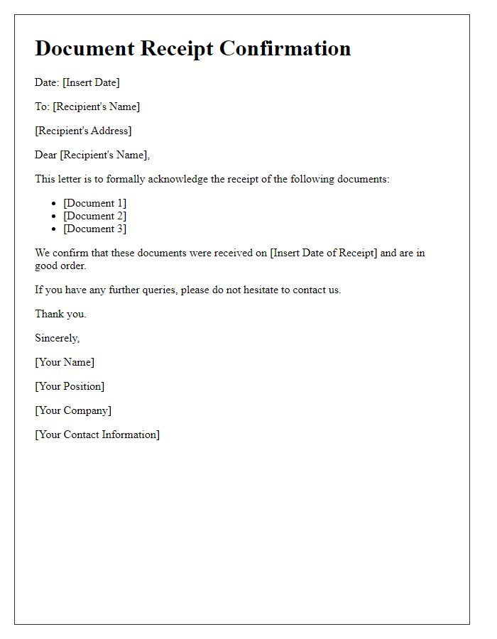 Letter template of confirmation for document receipt