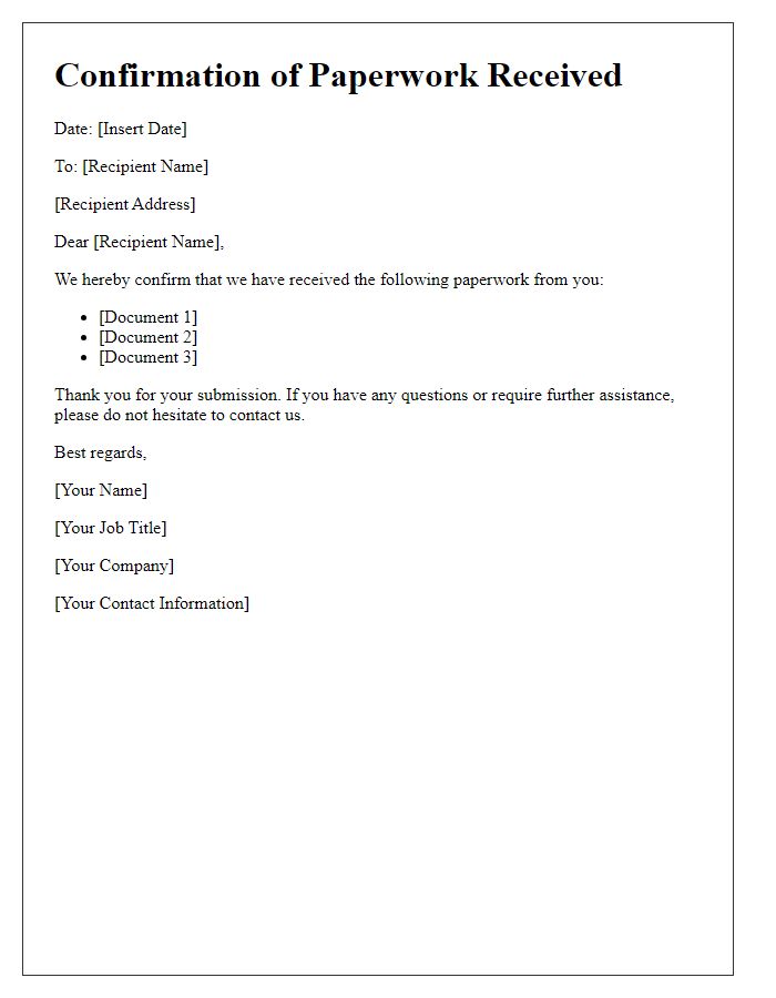 Letter template of confirmation for paperwork received