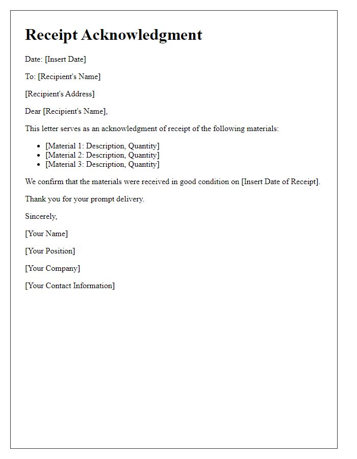 Letter template of receipt acknowledgment for materials