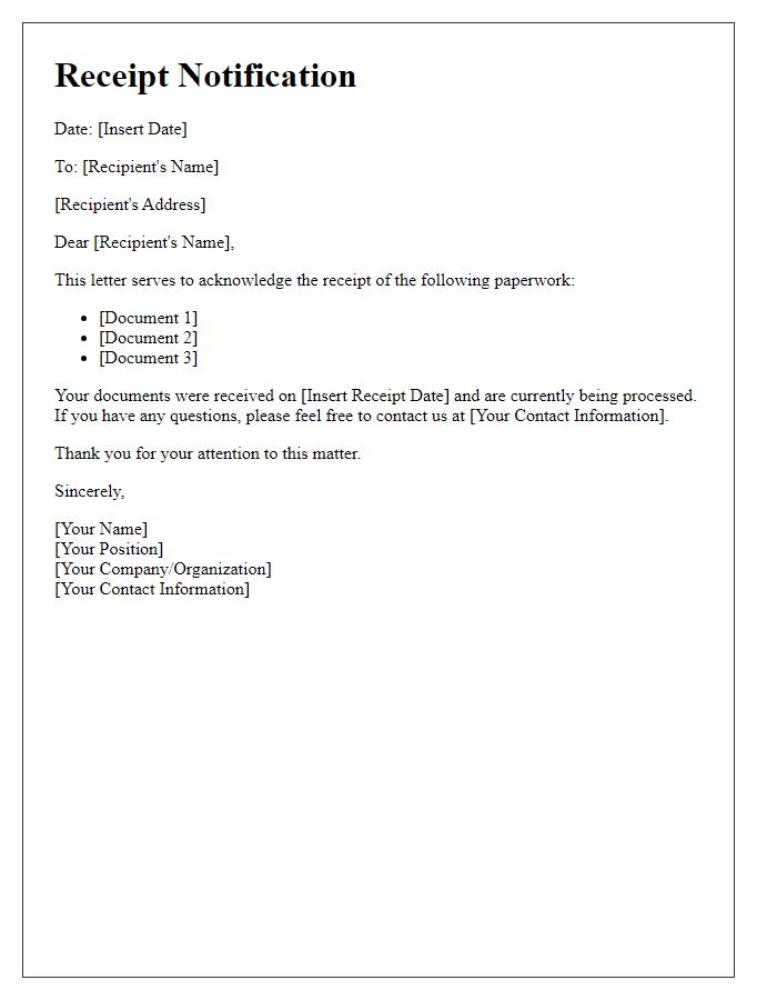 Letter template of receipt notification for paperwork