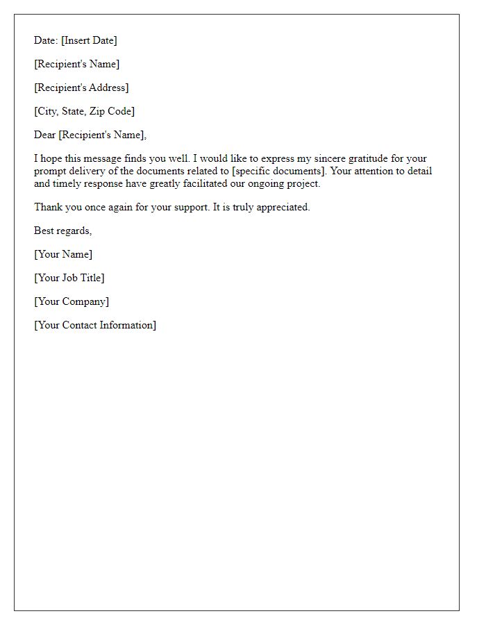 Letter template of thank you for document delivery