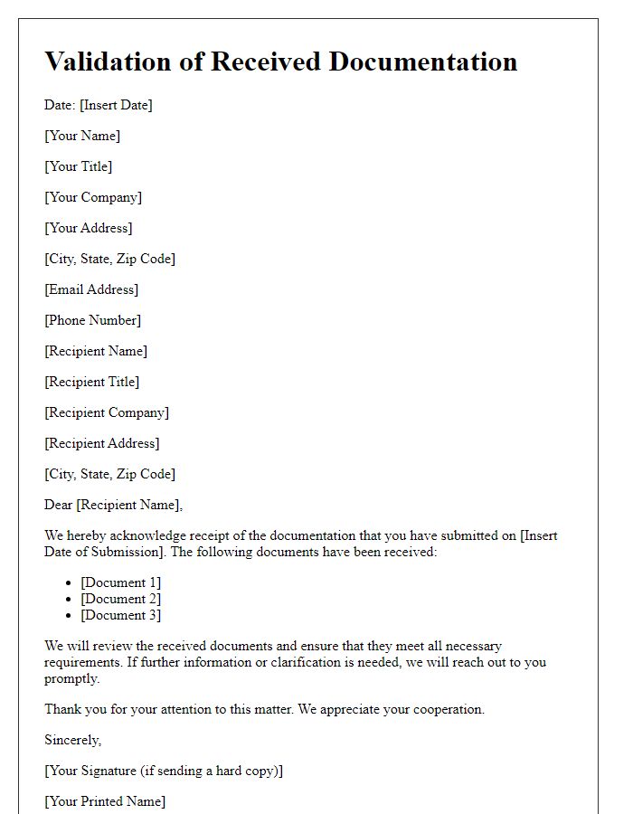 Letter template of validation for received documentation