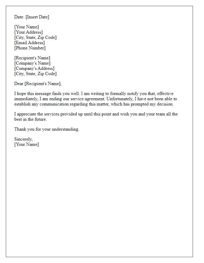 Letter template of service ending without communication