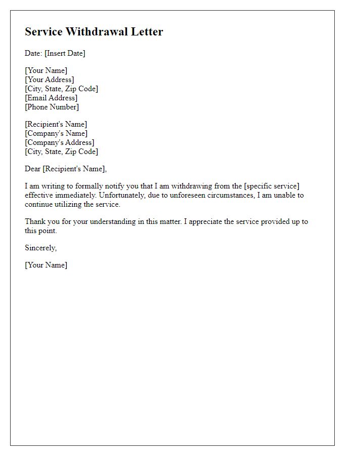 Letter template of service withdrawal without notice